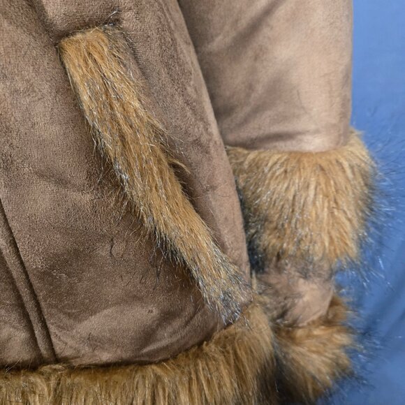 Vintage 60s 70s Penny Lane Coat Size M Boho Brown Faux Suede Faux Fur Mid Length - Picture 6 of 16
